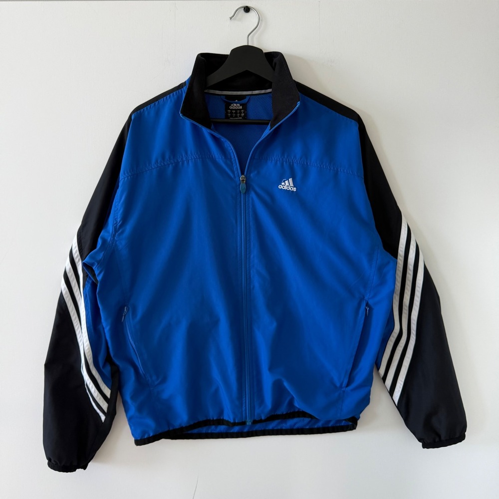 Adidas Mens Blue Black Striped Full Zip Track Jacket Windbreaker VTG Y2K Size S